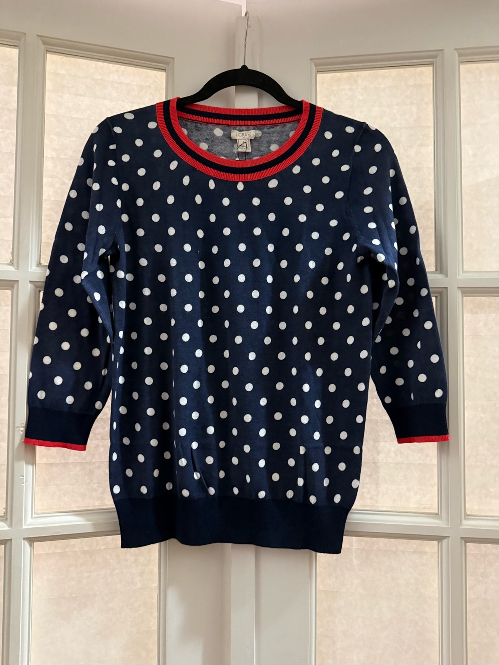 J. Crew Navy Polka Dot Crewneck Sweater with Red Trim